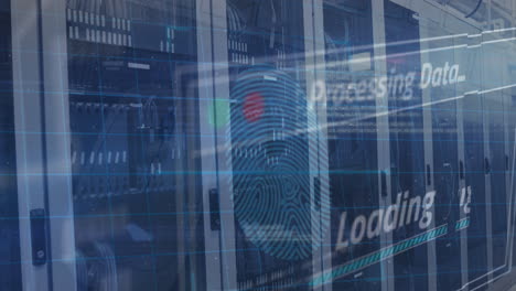 animación del icono del candado de seguridad, escáner de huellas dactilares y procesamiento de datos contra la sala del servidor