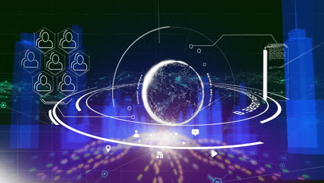 holographic network globe floating center, rotating rings showcasing avatar hexagons and data bars
