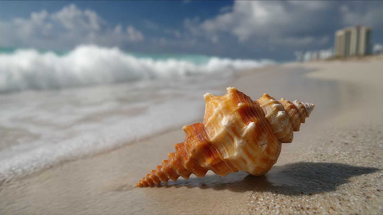 A Close-Up View of a Beautiful Seashell on a Sandy Beach, with Gentle Ocean Waves Lapping at the Shore and a Background of Soft Clouds and Blue Sky