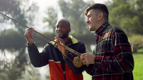 fishing, lake and friends help in nature