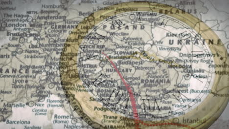 animação de relógio com movimento rápido sobre o mapa da europa mostrando a rota de viagem