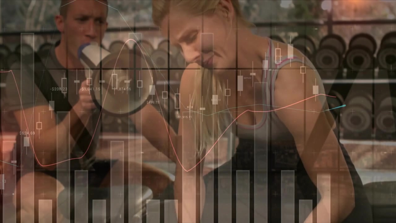 Client picking dumbbell and initiating gym data overlay performing rows while trainer guiding form
