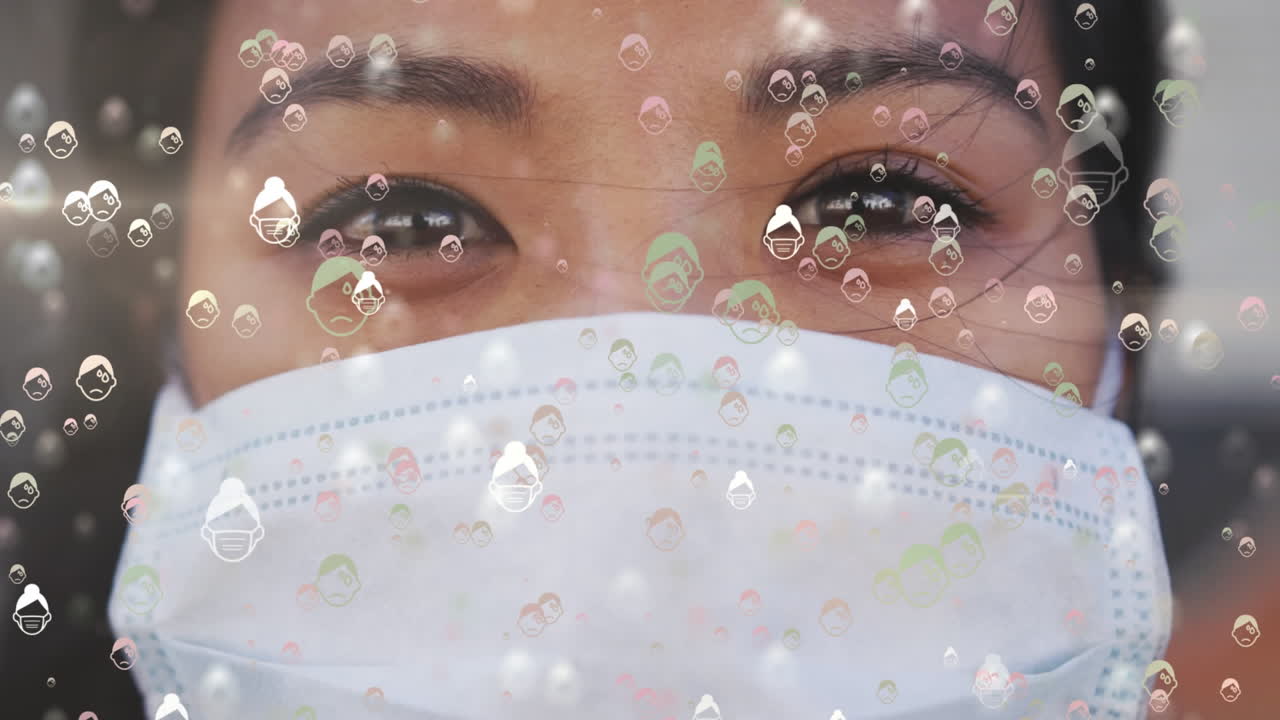 도시 거리에서 얼굴 마스크를 입은 여성 위에 움직이는 얼굴 마크를 착용한 사람들의 아이콘의 애니메이션