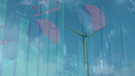 animation of graphs and financial data over wind turbine