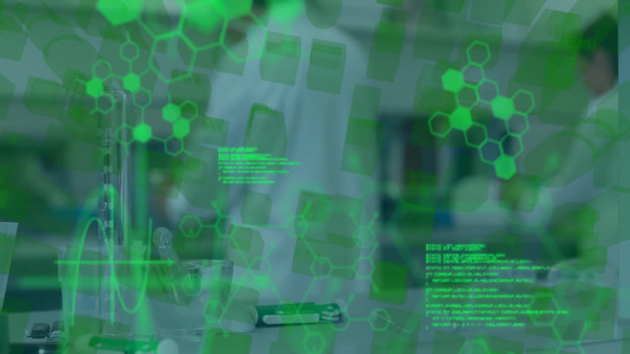 Two scientists examining cylinder at lab bench, showing green molecular hexagon data overlay