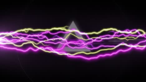 animation of glowing pink and yellow electric currents over white circles and triangles on black