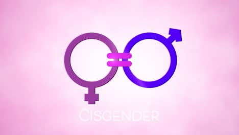 animation of text cisgender with male and female gender symbols joined by equals sign, on pink