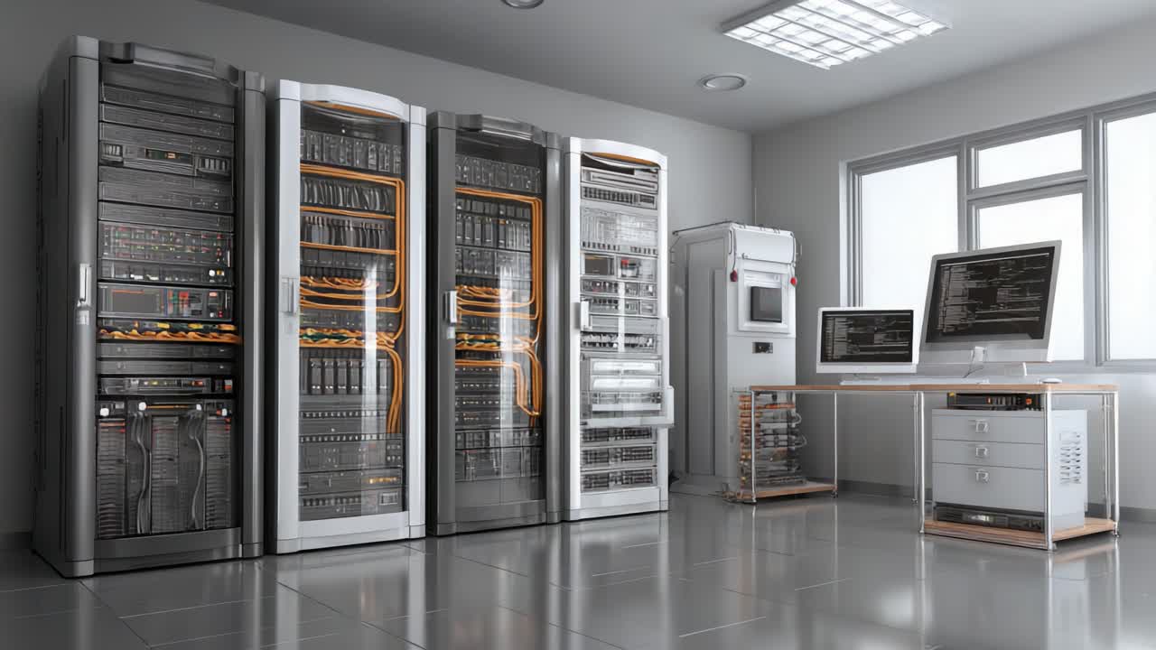 Modern Data Center Interior Featuring Advanced Server Racks and Workstations, Highlighting Efficient Technology Infrastructure and Network Equipment in a Professional Setting