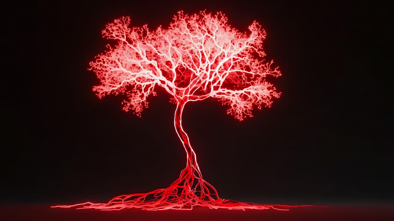 A striking visual representation of a luminous tree, its branches and roots aglow with vibrant red light, creating an ethereal contrast against a dark background that captivates the viewer