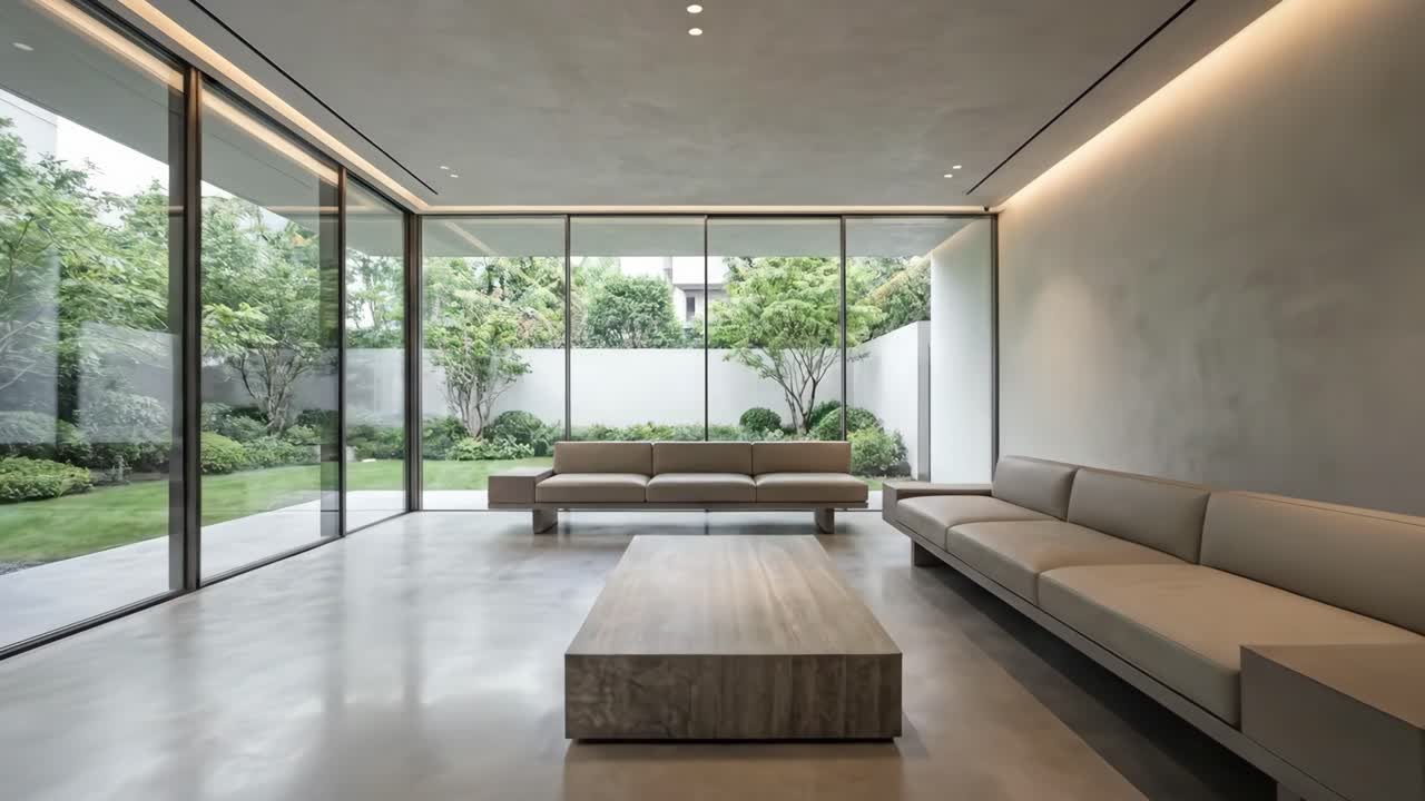 Soggiorno moderno e minimalista con vista giardino e mobili contemporanei