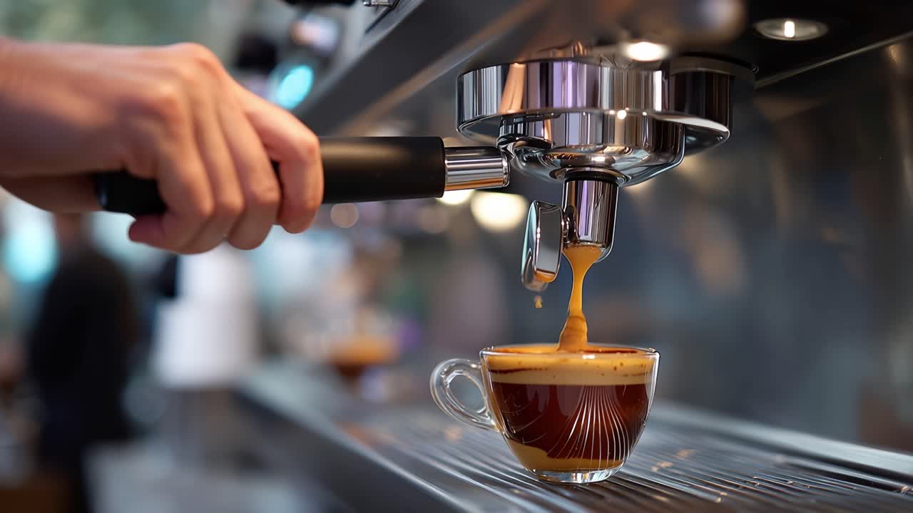 Coffee pours richly into a glass cup. Steam rises gently from the freshly brewed liquid. The machine glows with polished metal surfaces. Barista's hand rests nearby, steady and calm