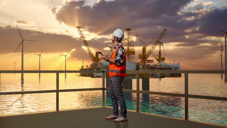 full body side view of asian male engineer with safety helmet using smartphone and looking around while standing with offshore hydrogen production