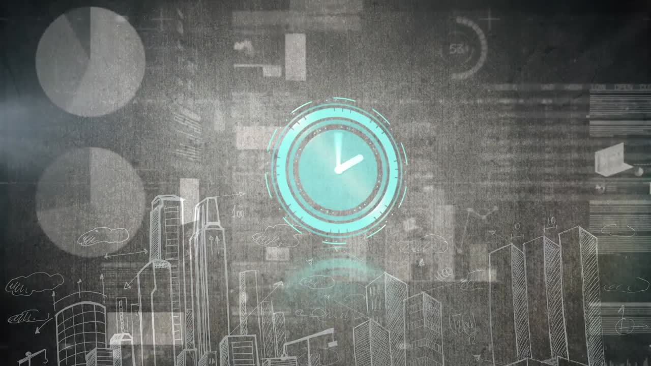 Animation of clock moving fast and statistics with data processing over cityscape