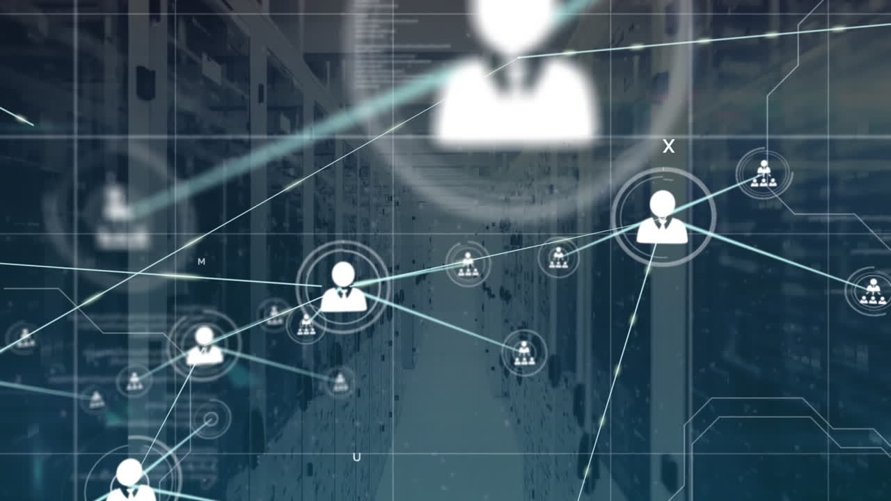 Animation of network of connections with icons over computer servers