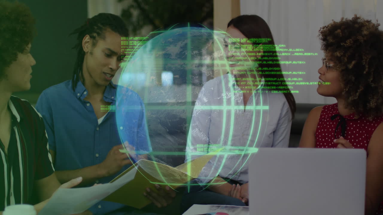 Diverse group discussing over digital globe and data processing animation