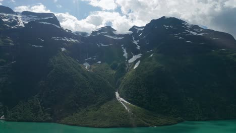 ice-capped mountains tower above the bright turquoise waters of lovatnet lake