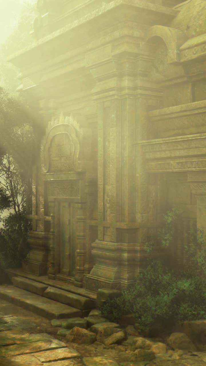 Ancient stone temple surrounded by dense forest and misty atmosphere