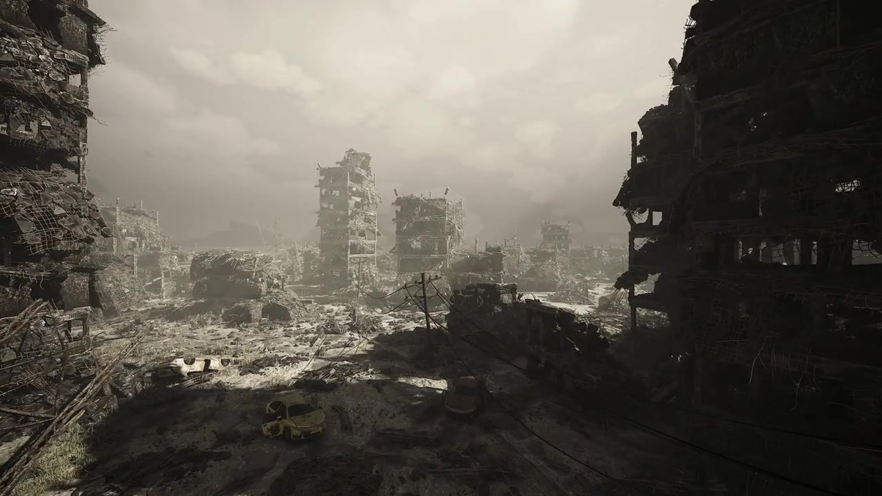 Dim light reveals decayed buildings and overrun plots in vast city view