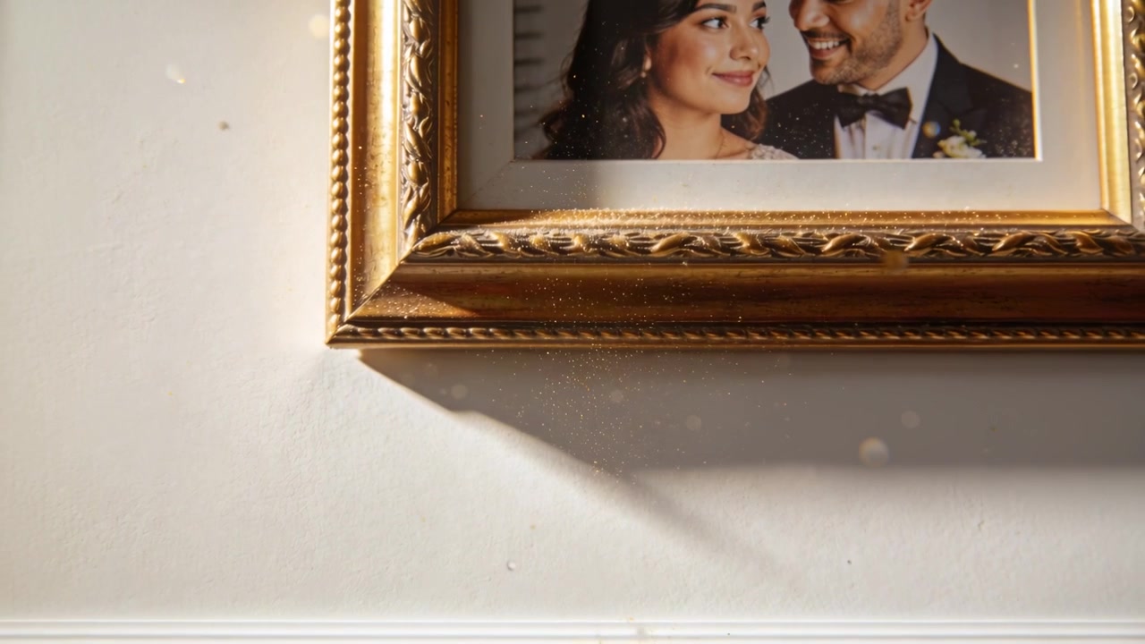 Iniziando una panoramica che rivela un ritratto di matrimonio con cornice ornata, con abito da sposa e smoking appesi al muro, spazio per il testo.