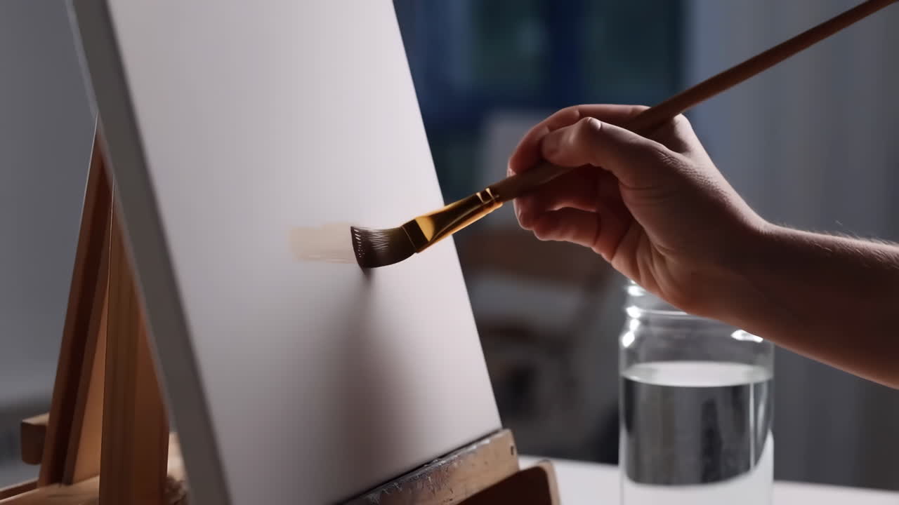 Close-up of an Artist Painting on a Canvas with a Brush