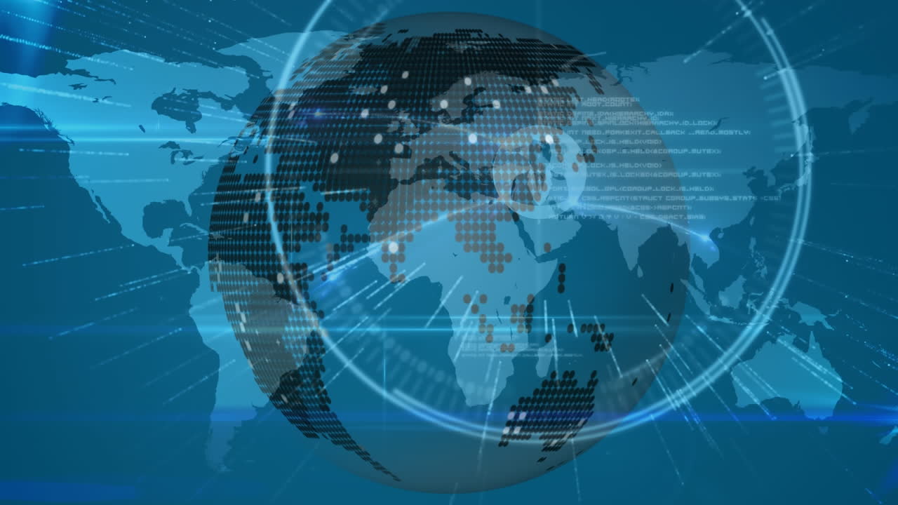범위, 세계 지도 및 연결 네트워크와 함께 지구의 애니메이션