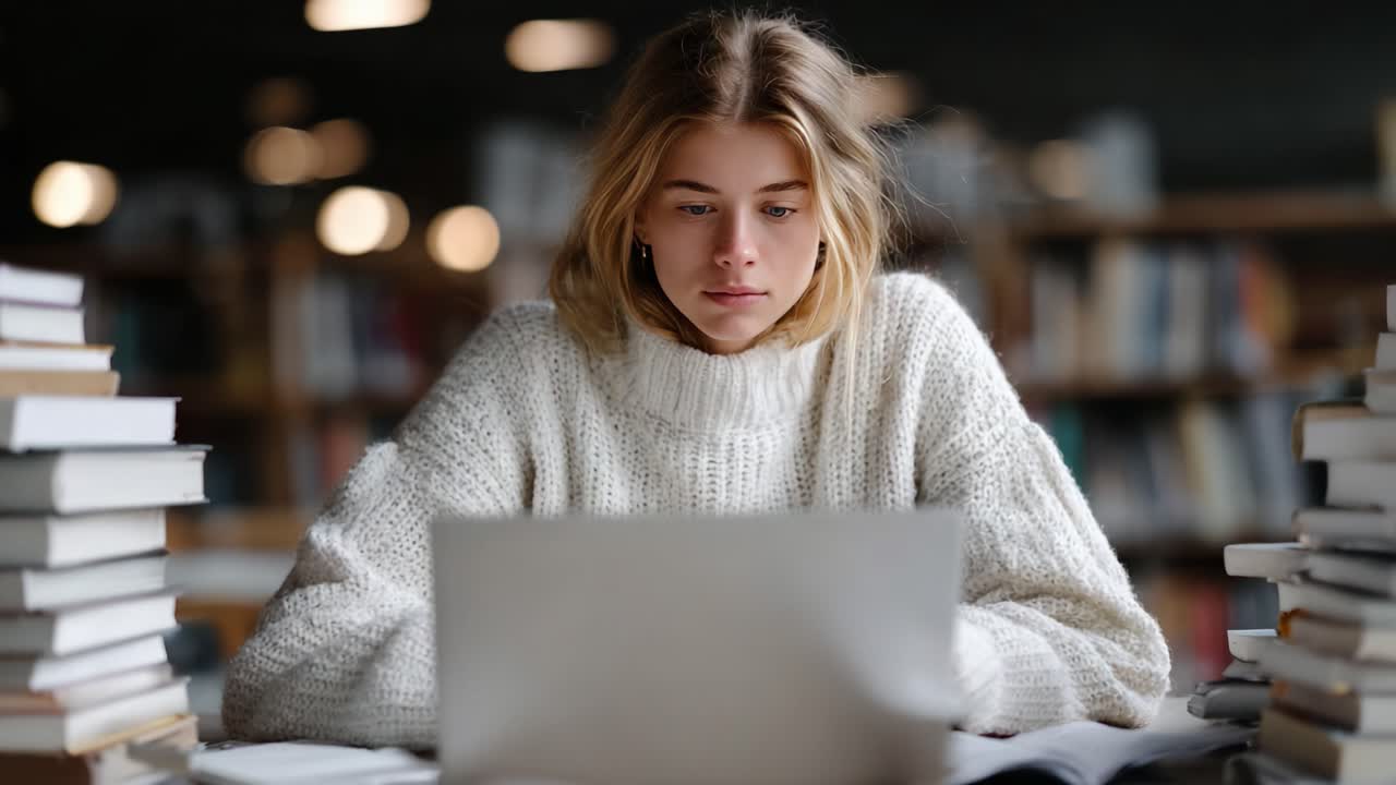 A Focused Young Woman Engaged in Studying at a Library, Surrounded by Books and Concentrating on Her Laptop Screen in a Cozy Atmosphere