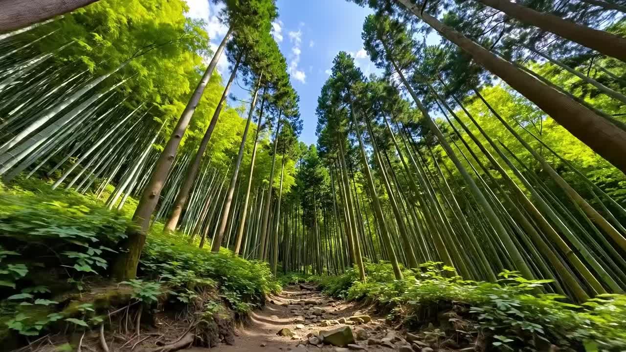 A dirt path in the middle of a bamboo forest