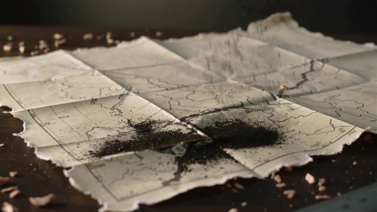 Streaming black granules landing onto folded map on table, forming dark band on fold with ruler