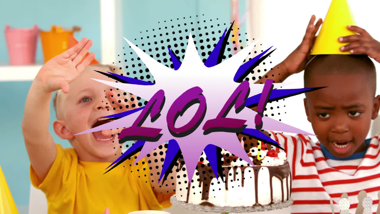 lol 생일 파티에서 파티 모자를 입은 아이들에 대한 연설 버블에 대한 문자