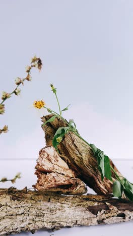 delicate floral arrangement on driftwood