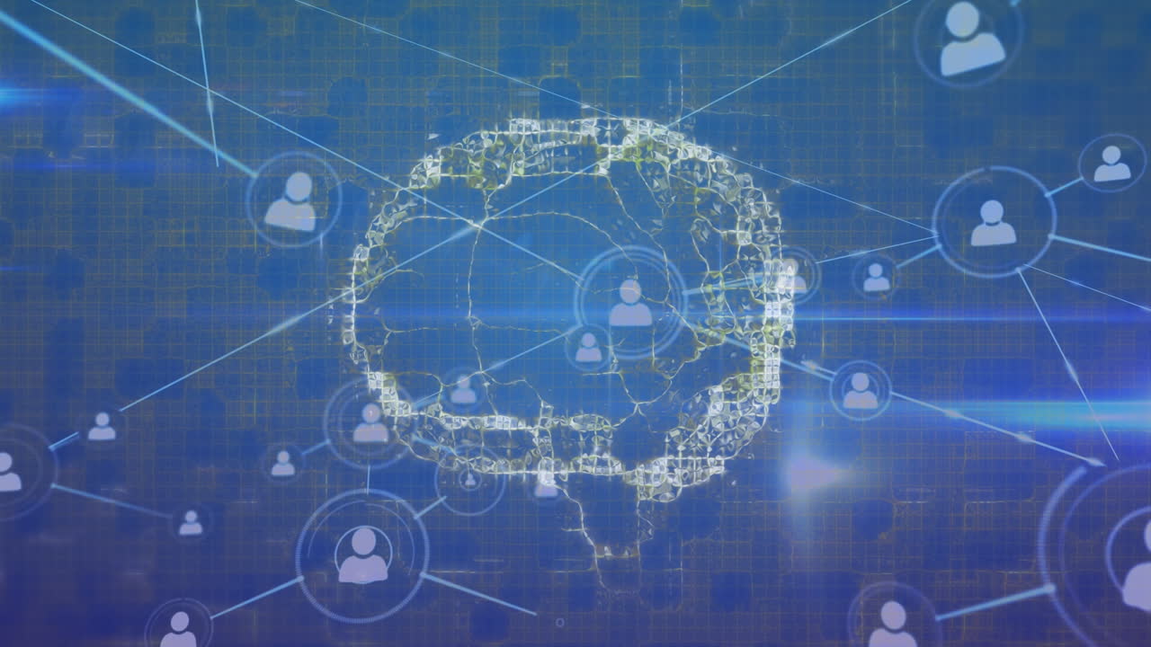 animación en la red de conexiones y el cerebro en fondo azul