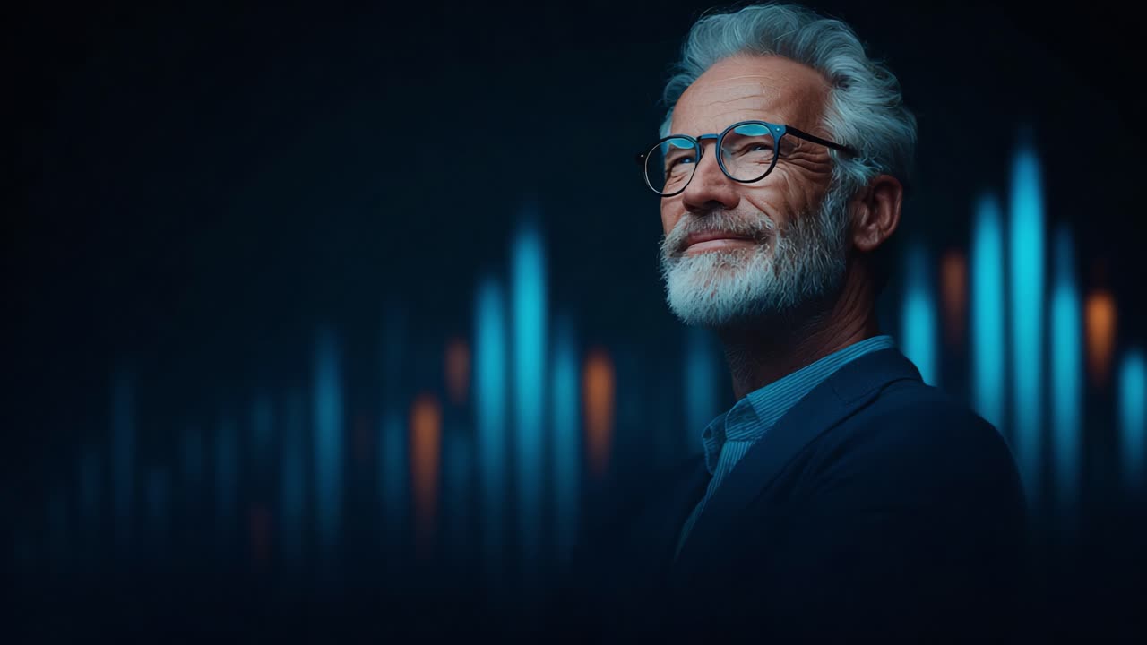 A Thoughtful Elder with a Gracious Smile Overlooks Digital Data Visualizations, Embodying Wisdom and Experience in a Modern World of Analytics