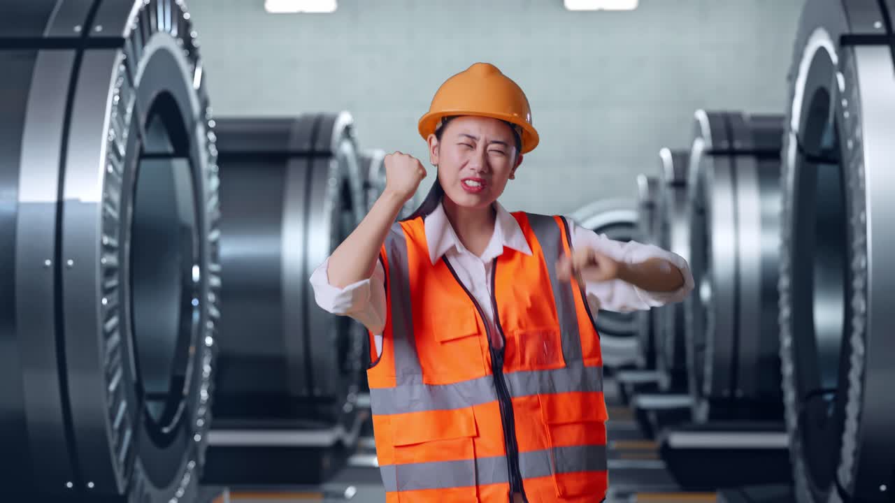 행복한 여성 엔지니어가 공장에서 축하하고 있습니다.