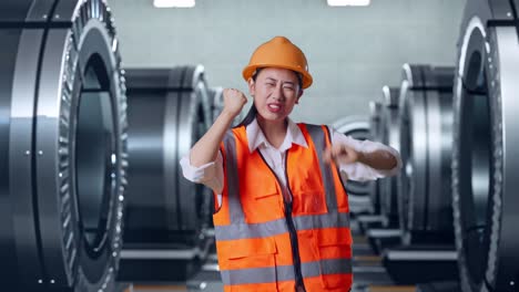 행복한 여성 엔지니어가 공장에서 축하하고 있습니다.