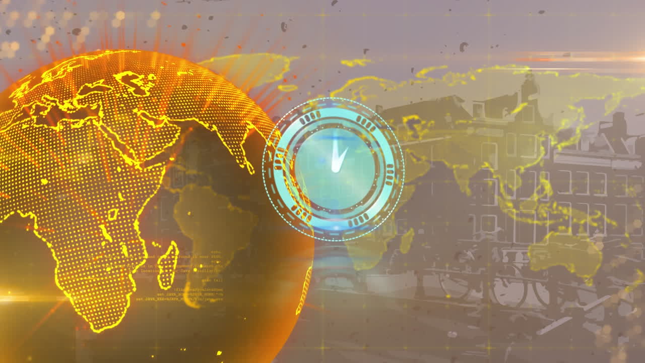 빈티지 스트리트 장면에 반 ⁇ 이는 노란색 글로벌 네트워크를 통해 시계 표면을 가진 스캐너의 애니메이션