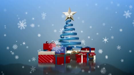 Animation-of-christmas-snow-falling-over-christmas-tree-on-blue-background