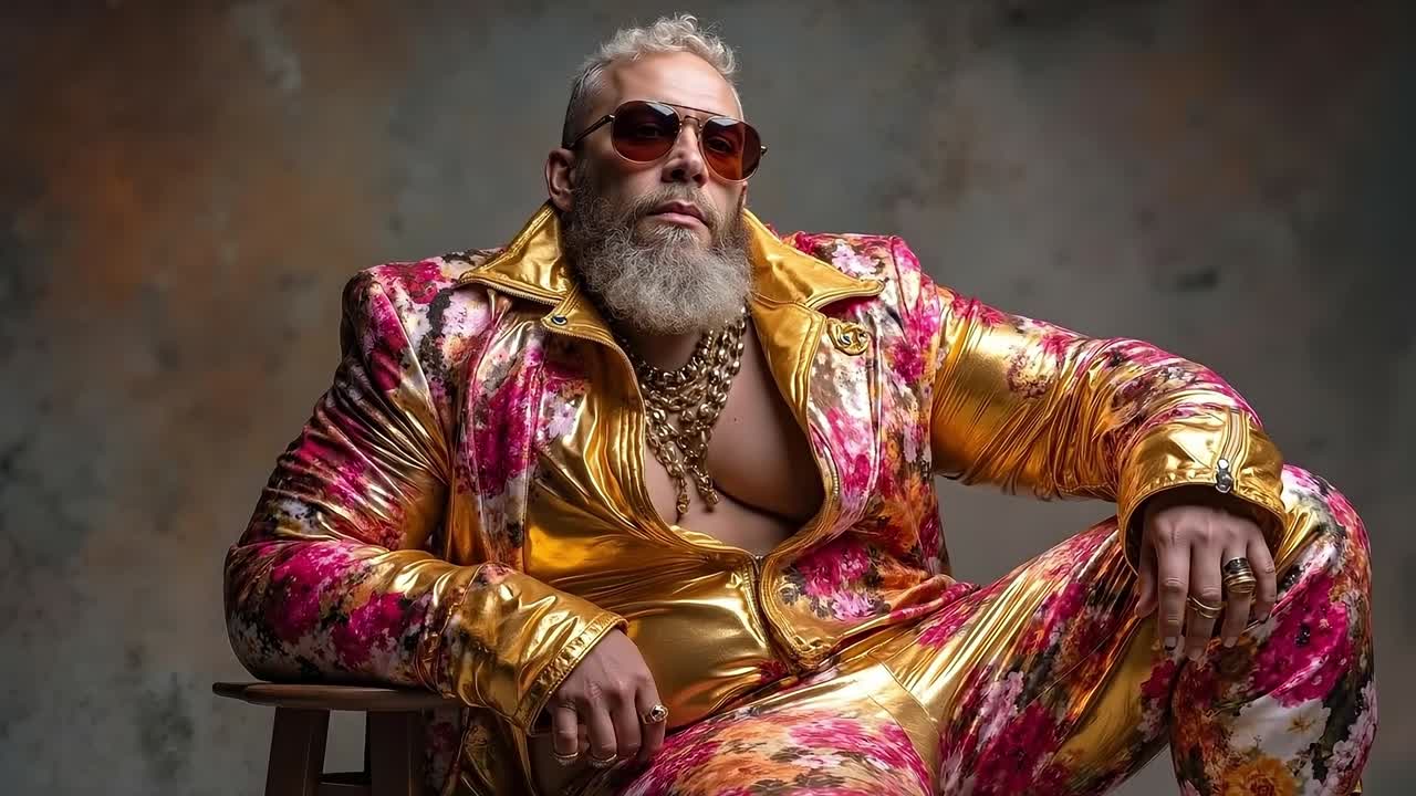 A man in a gold suit and sunglasses sitting on a chair
