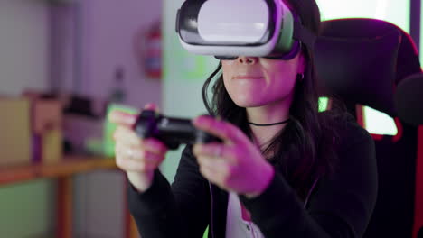 Virtual-reality,-video-gamer-woman-with-metaverse