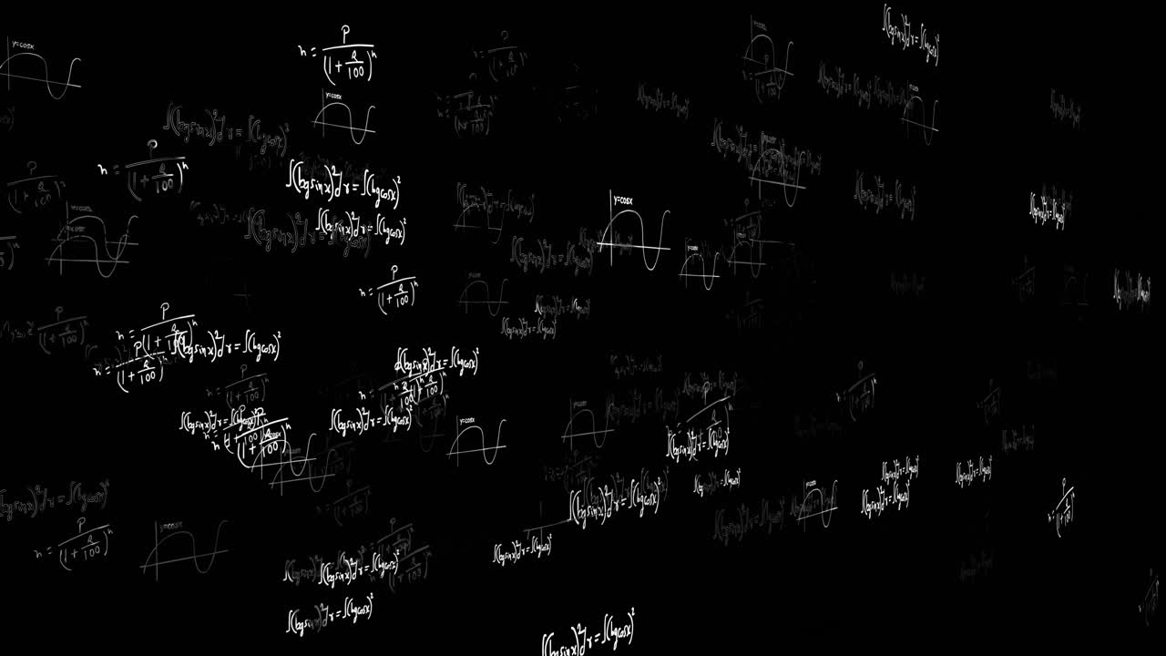Blackboard inscribed with scientific formulas and calculations in physics and mathematics science