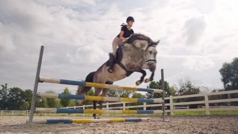 girl on a dapple gray horse practicing jumping over a fence, handheld shot