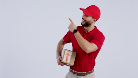 Deliveryman-,-pointing-and-face-with-promotion