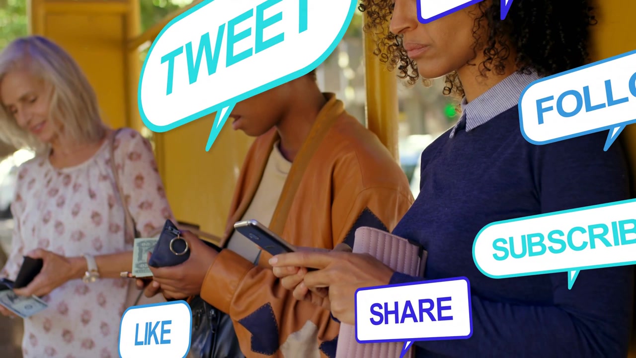 Three women waiting at bus shelter tapping phones starting animated social media bubbles expanding