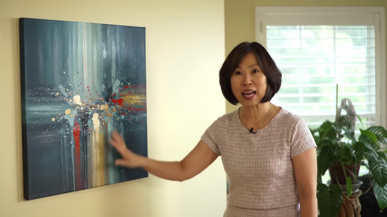 A woman engages in an in-depth discussion about a modern art piece displayed in her living room. She highlights its colors, design, and the emotions it evokes in the space.