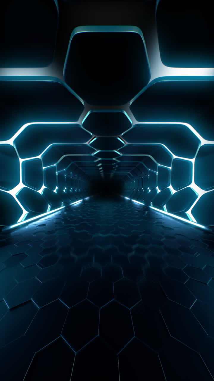 Animazione in loop di un corridoio futuristico al neon con attraversamento della telecamera