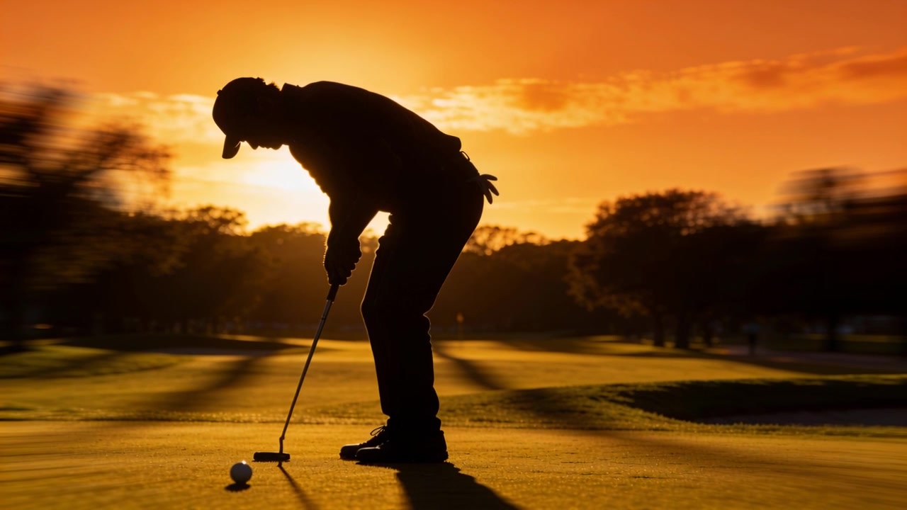 Golfista con cappellino che si allinea, prepara e spinge il putter sul green al tramonto, mirando la palla verso la buca