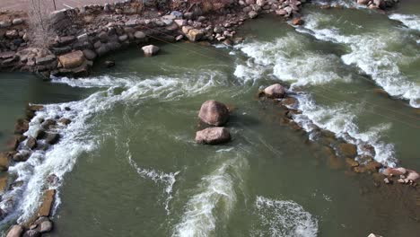 aerial orbit over durango whitewater park on the animas river during winter