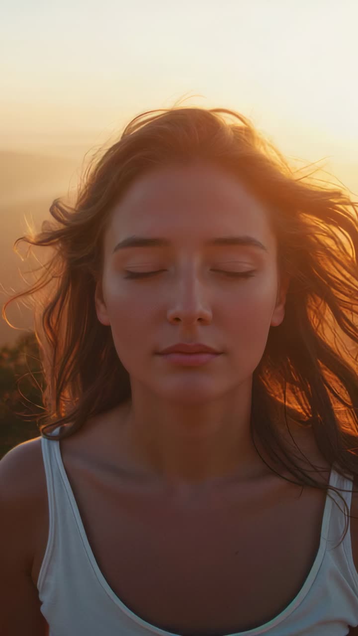 Vertical video: Opening eyes and smiling as breeze lifts hair, woman on hilltop wearing white tank