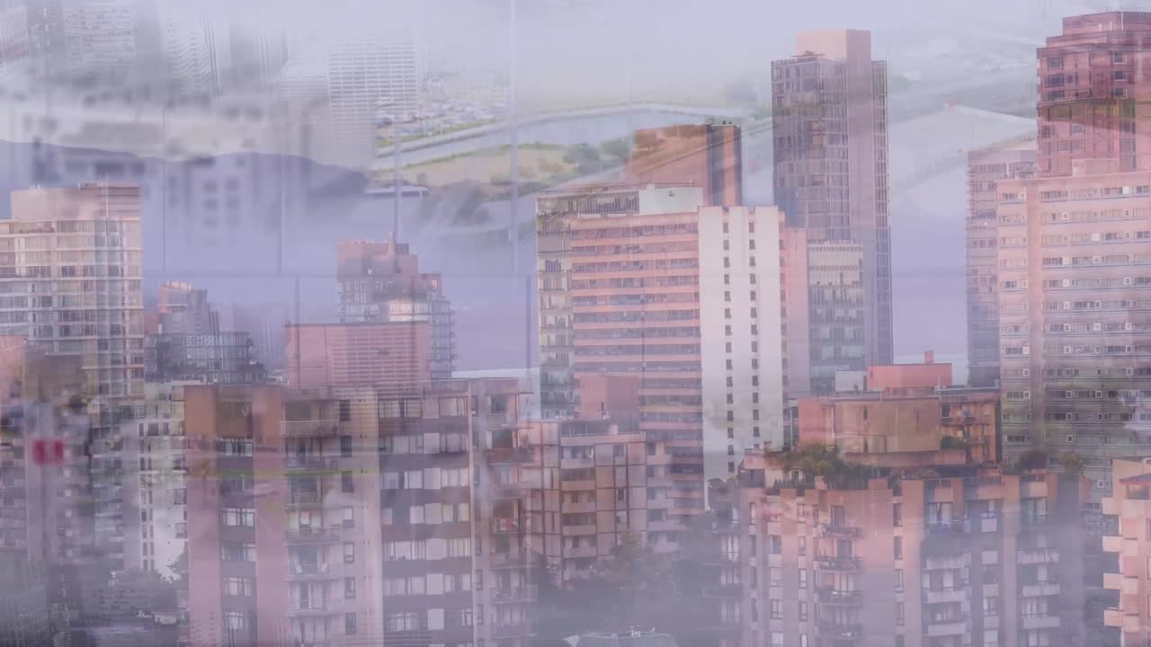 모호한 도시 풍경 위의 도로 교통의 애니메이션