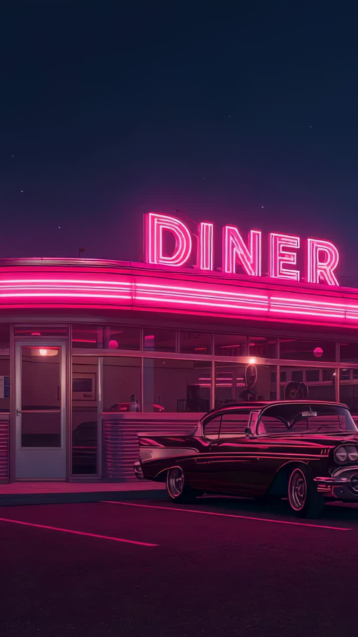 Vertical video: Glowing pink neon DINER sign bathing roadside diner and vintage car at night