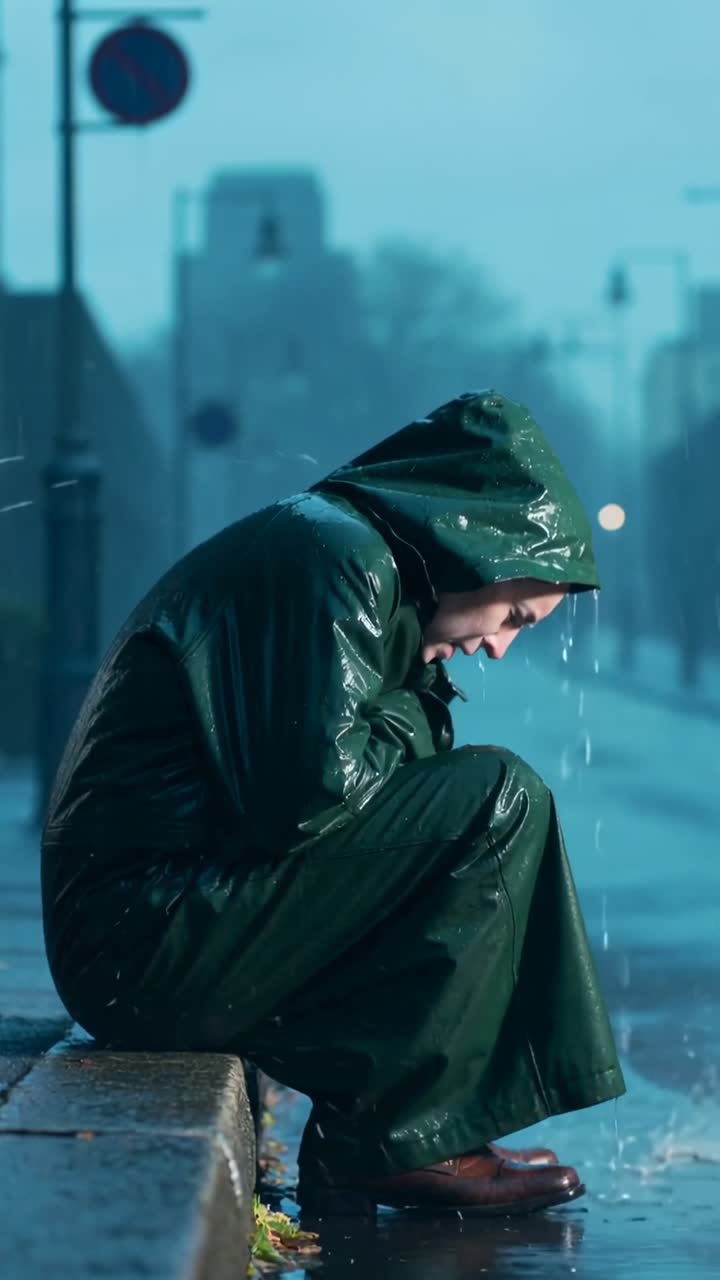 Sitting man wearing green hooded coat on curb lifting head, letting rain drip into puddle